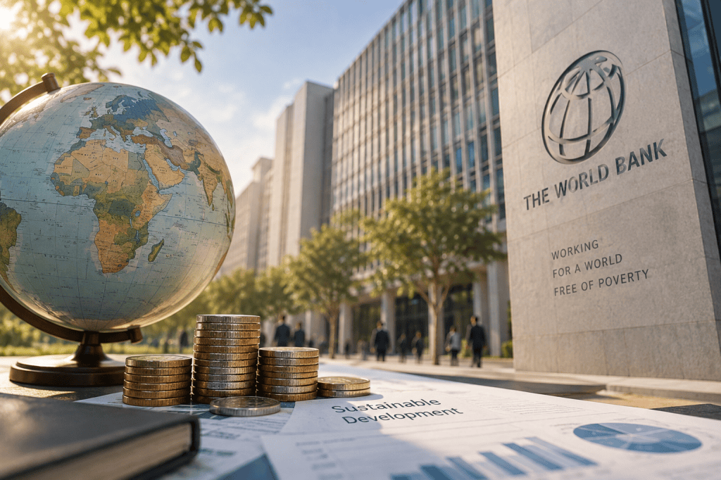 World Bank building with globe and coins representing international development finance