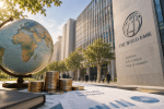 World Bank building with globe and coins representing international development finance